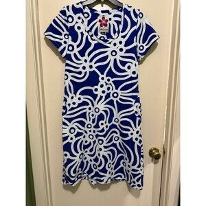 LESLIE EVERS BLUE WHITE pattern DRESS medium nwot